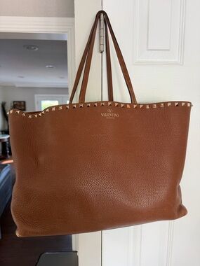 Valentino Garavani Cognac Rockstud Pebbled Leather Tote